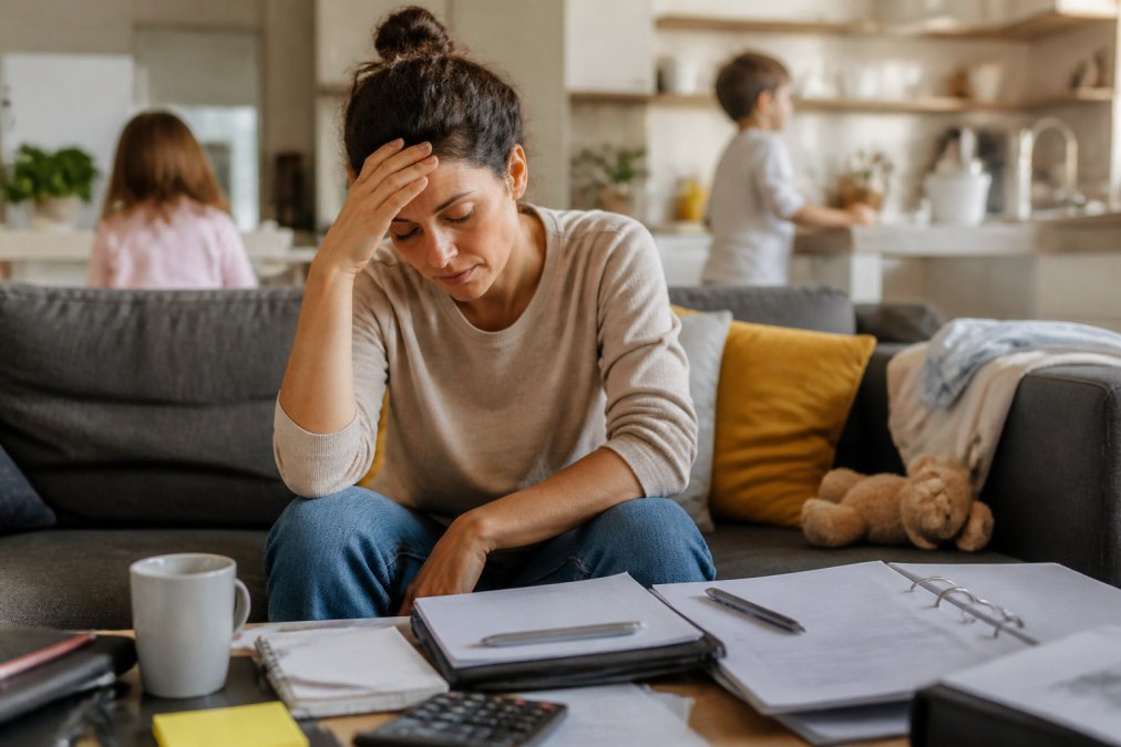 7 Best Non-Stimulant Energy Boosters for Working Moms 2 Mom sitting on a couch looking tired and stressed, with her head in her hand, surrounded by work materials and family responsibilities visible in the background