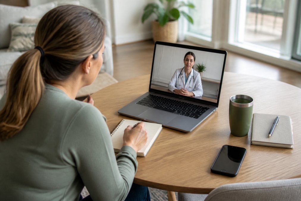 Best Alternatives to Henry Meds for Weight Loss 1 Person sitting at home on a laptop during a video consultation with a healthcare provider, taking notes on a notepad, natural lighting from window