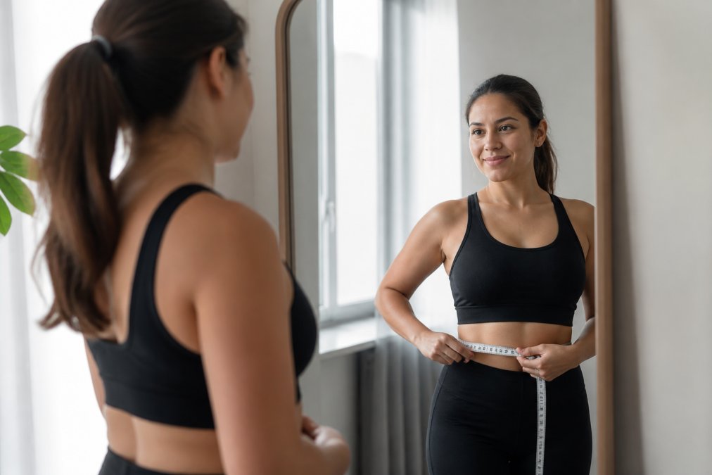 Best Alternatives to Henry Meds for Weight Loss 2 Adult measuring progress with a tape measure, standing near a mirror in natural lighting, looking confident and focused on their reflection