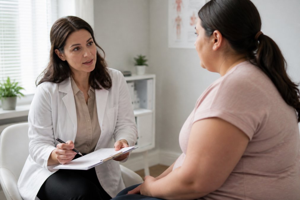 Best GLP-1 for Weight Loss: Semaglutide vs Tirzepatide 2 Healthcare professional in consultation with patient, reviewing medical notes and discussing treatment options in a clinical setting with neutral lighting and professional environment