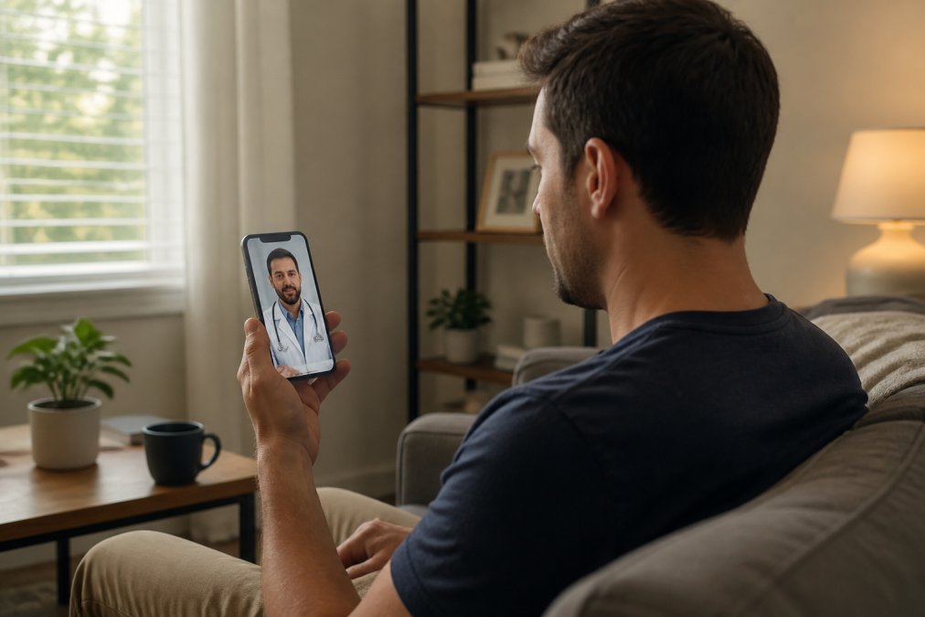 Man using smartphone to video consult with a healthcare provider, sitting in a comfortable home setting with privacy, natural window lighting showing discretion