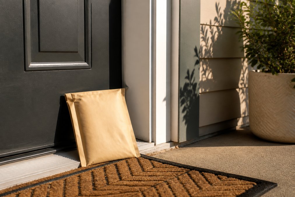 Close-up of unmarked medication package being delivered to someone's doorstep, showing discreet brown packaging with no visible branding or text, morning sunlight on porch