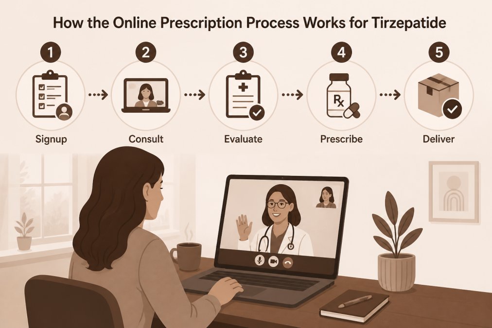 Adult sitting at home on a video call with a healthcare provider visible on laptop screen, showing a medical consultation in progress with natural window lighting