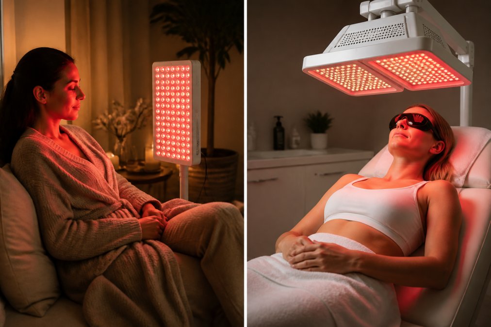 Person using red light therapy panel in comfortable home setting with warm lighting, device positioned at shoulder height during evening relaxation