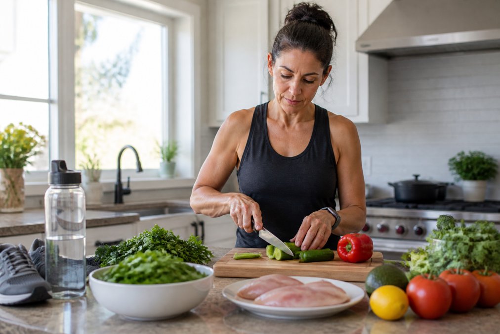 Metformin Alternatives for Blood Sugar Control 2 Middle-aged adult preparing fresh vegetables and lean proteins in a bright kitchen with natural morning light, water bottle and exercise shoes visible on the counter beside cutting board