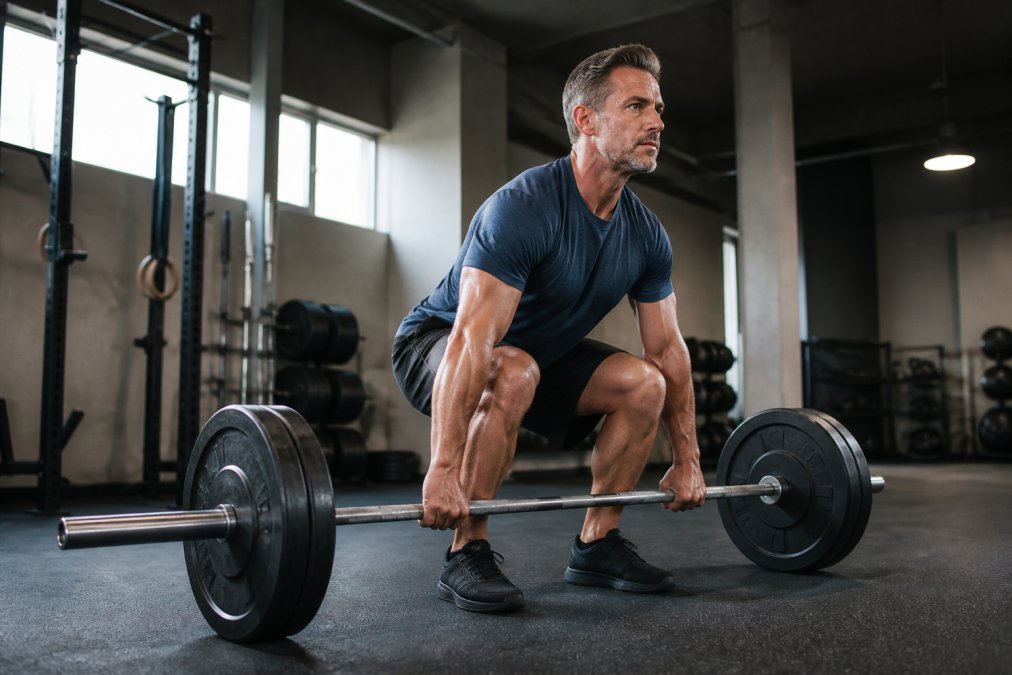 Fit middle-aged man performing barbell deadlift with proper form in well-lit modern gym, focused expression during intense effort
