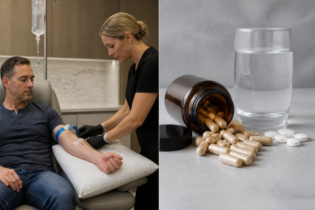 Healthcare professional administering intravenous NAD+ infusion to man's arm in modern clinical setting with medical equipment visible, calm clinical environment with soft lighting