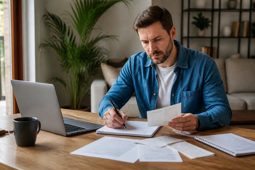 Online ED Consultation: A How-To Guide 1 Man sitting at home office desk with laptop open, reviewing medical documents and taking notes, calm focused expression