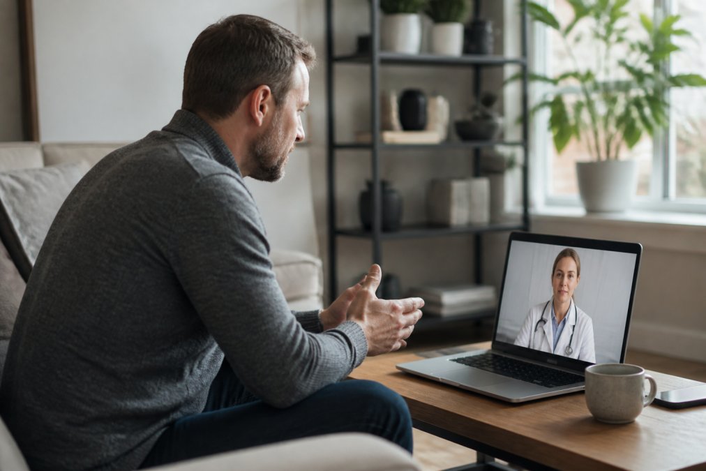 Online ED Consultation: A How-To Guide 2 Man in home setting on video call with healthcare professional on laptop screen, professional but comfortable environment