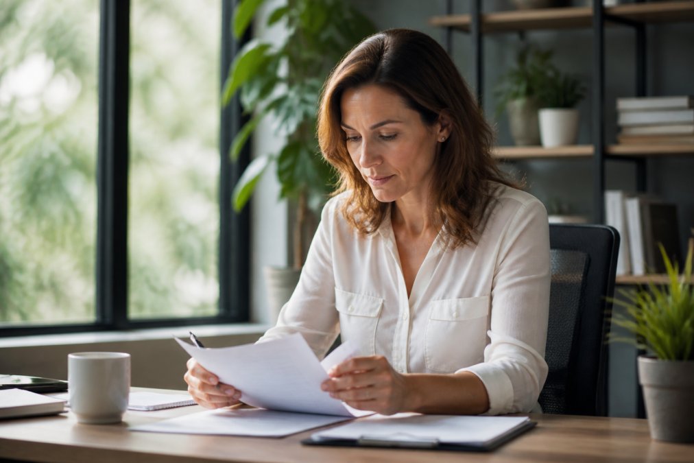 Professional in modern office setting reviewing documents with focused expression and clear concentration, natural light streaming through window