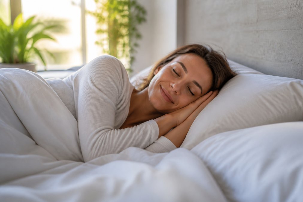 Person resting peacefully in bed with natural morning light, appearing calm and well-rested with serene expression