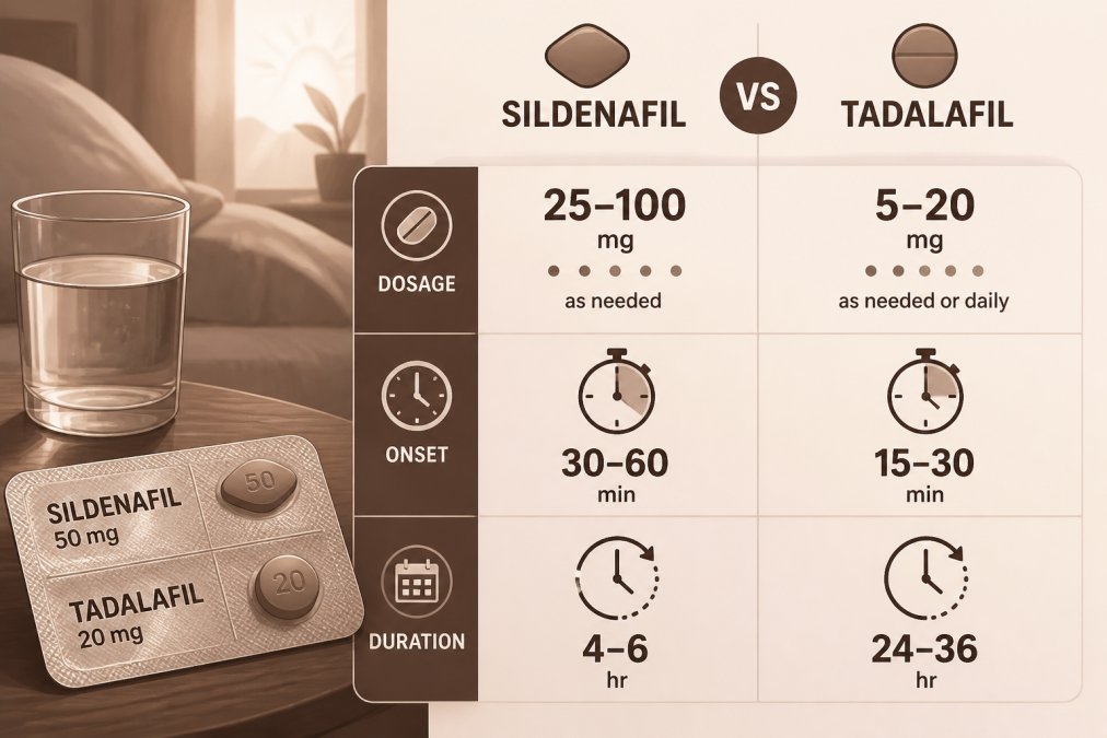 Sildenafil vs Tadalafil: A Clinical Comparison 2 Close-up of a medication blister pack and water glass on a nightstand with soft morning light, showing preparation for taking medication