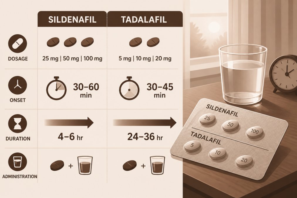 Sildenafil vs Tadalafil: A Clinical Comparison 1 Professional illustration showing sildenafil vs tadalafil